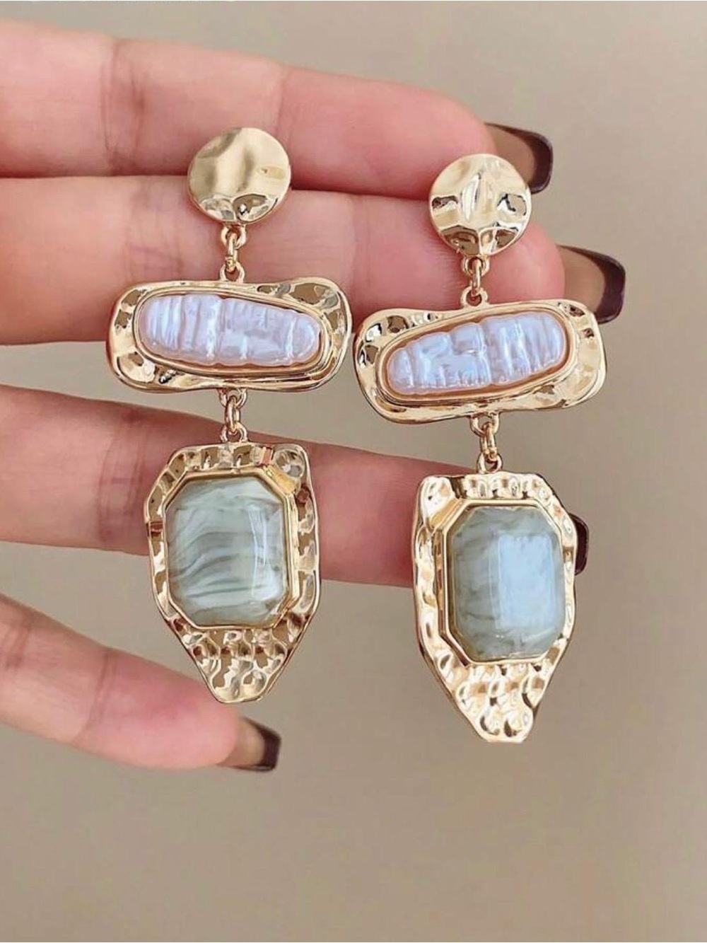 Gold Drop Earrings with Iridescent Pearl and Pale Green Stones